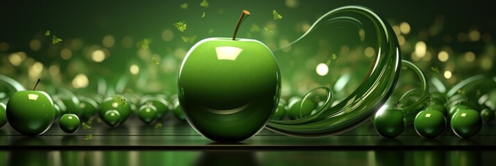 A green apple surrounded by many shiny spheres. Generative AI image.