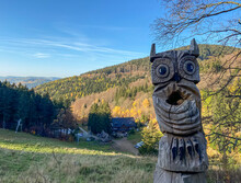 Owl Mountains (Gory Sowie) Lower Silesia - Poland. Mountain View With Wooden Owl