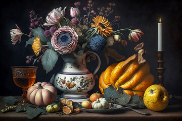 Autumn still life with pumpkins and autumn foliage. Thanksgiving holiday concept. Generative AI