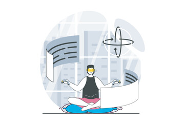 Aufkleber - Virtual reality concept with people scene in flat design for web. Man in VR headset interacting with augmented screens for working. Vector illustration for social media banner, marketing material.