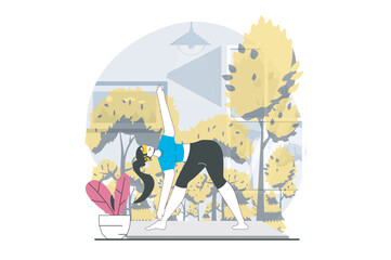 Aufkleber - Virtual reality concept with people scene in flat design for web. Woman in VR headset does yoga asana with forest hologram simulation. Vector illustration for social media banner, marketing material.