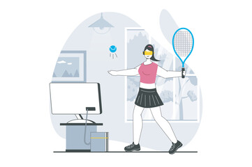 Aufkleber - Virtual reality concept with people scene in flat design for web. Woman in VR headset playing tennis and training for cyber sports. Vector illustration for social media banner, marketing material.
