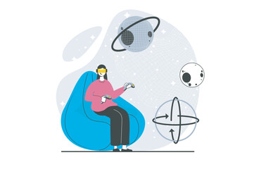 Poster - Virtual reality concept with people scene in flat design for web. Woman in VR headsets learning cosmic space and planet exploration. Vector illustration for social media banner, marketing material.