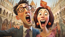 Artistic Caricature Illustration Of Couple Take Selfie Photo At Cathedral ,Generative Ai