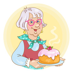 Wall Mural - Cute grandmother in glasses with a beautiful cake in her hands. Avatar icon in cartoon style. Isolated on white background. Vector illustration.