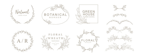 Elegant floral frame collection. Hand drawn delicate wreath, logo template, monogram design in line art. Vector for label, corporate identity, wedding invitation, card botanique, save the date