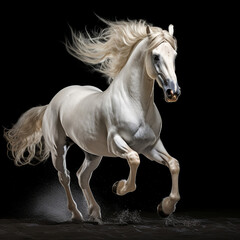 Canvas Print - A white horse running on a black background