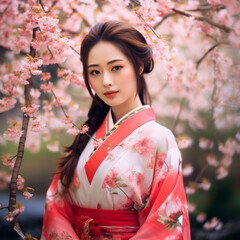 Canvas Print - Generative ai. Asian girl traditional kimono and cherry garden