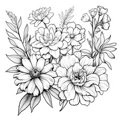 Wall Mural - Line art of flowers and plants Wild Chamomile black ink sketch. Wild botanical garden bloom.