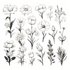 Wall Mural - Line art of flowers and plants hand drawn engraved illustration. Wild Chamomile black ink sketch. Wild botanical garden bloom PNG transparent background
 