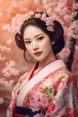 Canvas Print - Generative ai. Asian girl traditional kimono and cherry garden