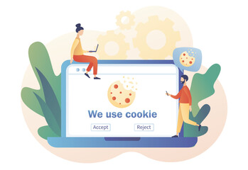 Wall Mural - we use cookies policy notification pop up on laptop screen. confidential information. protection of 
