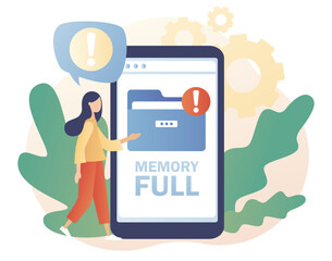 Folder full on smartphone. Memory space full notification. Cleaning mobile phone or computer memory or storage. Modern flat cartoon style. Vector illustration on white background