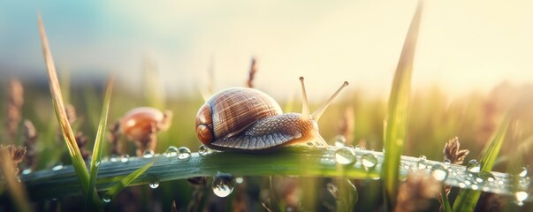 Banner snail in grass with morning dew. Grass and clover leaves in droplets of water in spring summer nature on background blue sky with clouds. Ai generative.