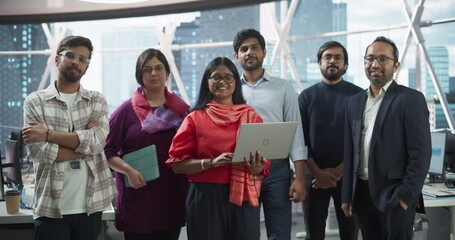 Aufkleber - Group of Happy Multiethnic Indian Team of Female and Male Managers, Specialists and Business Professionals Posing for Camera and Smiling. Portrait of a Confident South Asian Team Leader Standing First