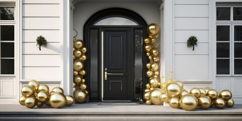 Arch of balloons with flowers.Decorated entrance door Exterior facade of building with front door.Grand Opening,solemn event.Holidays event, wedding ceremony,celebration,anniversary.Generative ai