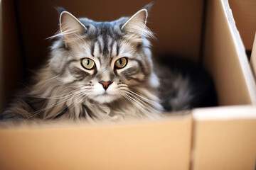 Wall Mural - Funny chubby playful cat sitting in a paper box. If It Fits, I Sits