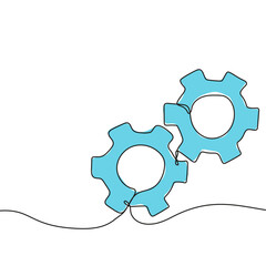 Gear wheel and cog wheel mechanism icon hand drawn with single one continuous line. Business concept innovation and movement. Vector illustration sketch style.