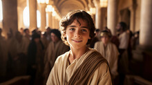 Portrait Of 12 Years Old Jesus In The Temple Of Jerusalem. Christian Illustration.