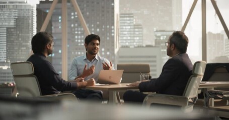 Aufkleber - Group of Indian Businessmen Having a Meeting to Discuss a Joint Venture for a Fintech Project. South Asian Partners Having a Conversation in a Conference Room in a Modern Office
