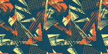 Abstract Seamless Sport Pattern. Urban Art Vector Grunge Texture With Chaotic Shapes, Lines, Dots, Strokes, Triangles, Patches. Colorful Graffiti Background. Dark Green, Orange, Yellow Colors Design