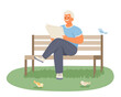© ANDRII - Senior male sitting on bench and reading newspaper. Cartoon character resting outside. Concept of happy retirement. Vector flat illustration in green and blue colors