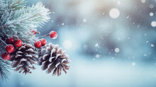 A Close Up Of A Pine Cone With Berries On It. Generative AI. Christmas, Wintertime Greeting Card.