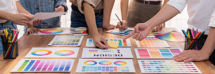 Aufkleber - Graphic designer brainstorm logo and graphic art at busy creative studio workshop. Experiment and brainstorm color palette and pattern at workspace table for creative design. Panorama shot. Scrutinize