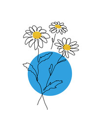 Wall Mural - Daisies flowers vector illustration on black background.Ukrainian blue and yellow colors. One continuous line art drawing of dasies with Ukrainian flag.