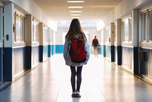 Schoolgirl Walking Alone Down School Hallway From The Back. Lonely Female Student In Corridor Of School Campus Building Going To Classroom. Loneliness, Harassment In Childhood And Bullying Concept.