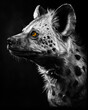 Generated photorealistic profile portrait of a wild hyena in black and white