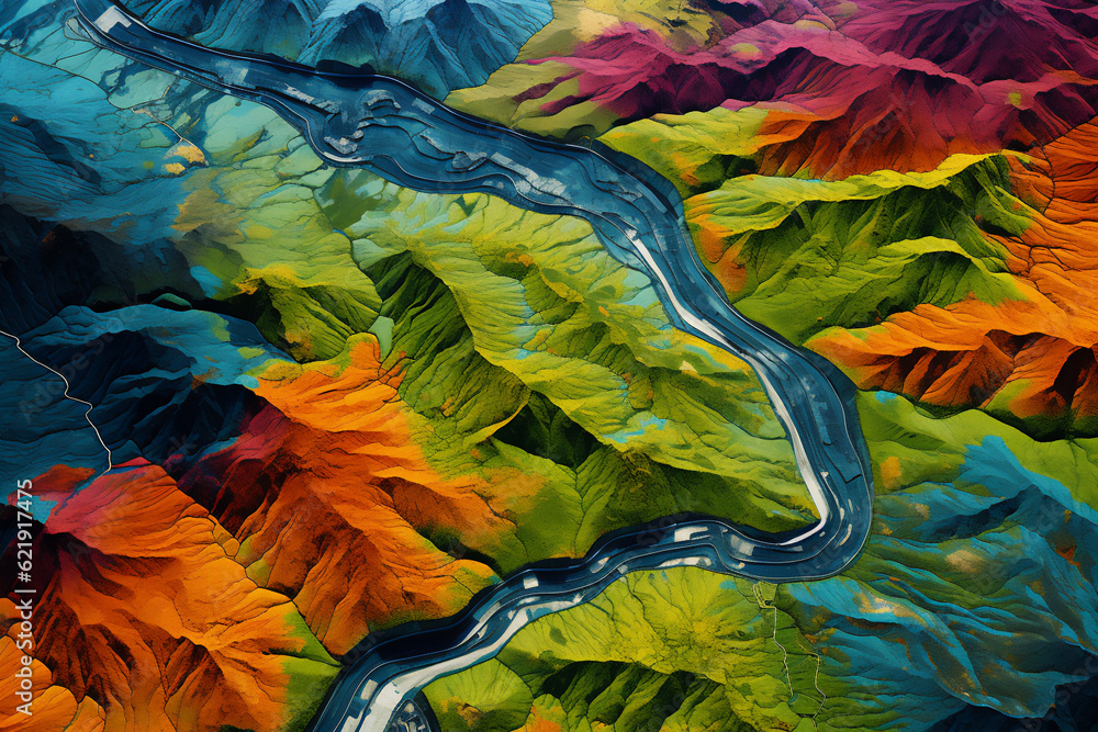 Digital elevation model. GIS product made with generative AI technology. It shows high rocky and steep mountain peaks. At their feet are visible valleys and mountain lakes