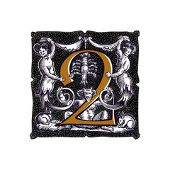 Canvas Print - 2 logo. Witchcraft number two sign. Gothic medieval initial. Devil, cancer and ghosts in hell. Engraving drop cap with dots pattern. Alchemy font for Halloween invitations, pagan black magic labels.