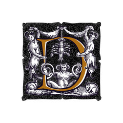 Canvas Print - Witchcraft letter D logo. Gothic medieval initial. Devil, cancer and ghosts in hell. Engraving drop cap with dots pattern. Alchemy font for Halloween invitations, pagan music, black magic labels.