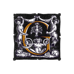 Canvas Print - Witchcraft letter G logo. Gothic medieval initial. Devil, cancer and ghosts in hell. Engraving drop cap with dots pattern. Alchemy font for Halloween invitations, pagan music, black magic labels.