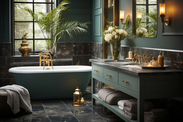 A modern look mirror and sink cabinet in an elegant bathroom, in the style of baroque dramatic lighting. Generative AI