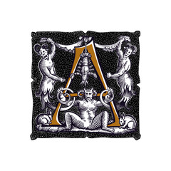 Canvas Print - Witchcraft letter A logo. Gothic medieval initial. Devil, cancer and ghosts in hell. Engraving drop cap with dots pattern. Alchemy font for Halloween invitations, pagan music, black magic labels.