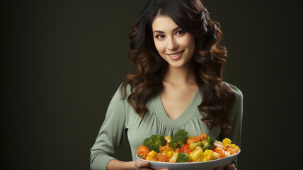 A pregnant woman holding up a bowl of vegetables. Generative AI