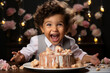 A South Asian baby smashing a cake in photo studio. Generative AI