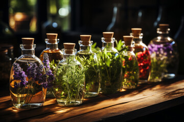 An assortment of essential oil bottles with fresh plants from which they're derived, like lavender, peppermint, and rosemary, arranged on a wooden surface. Generative AI