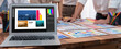 © Summit Art Creations - Panorama focus view of laptop display digital art workspace for graphic designer with blurred background of graphic team brainstorm and working on testing color palette for unique design. Scrutinize