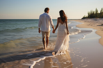 Poster - Beach wedding bride and groom walking away down the beach by the water hi definition. Generative AI