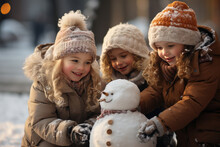 Children Building A Snowman In A Winter Wonderland, Christmas. Generative AI