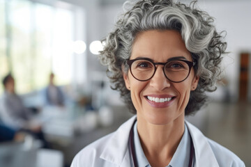 Female doctor dentist in glasses with white smile in dental clinic, headshot portrait. Generative AI