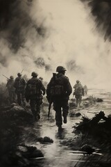 Poster - Charcoal sketch of D-Day invasion scene on June 6 1944 in Normandy. Ai generative art