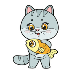 Wall Mural - Cute cartoon kitten with fish pet color variation for coloring page on a white background