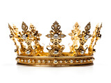 Fototapeta Natura - A king crown made of gold isolated on plain background. Decorated with precious stones. It is a symbol of the fame of a kingdom.