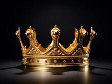 A King Crown Made Of Gold Isolated On Plain Background. Decorated With Precious Stones. It Is A Symbol Of The Fame Of A Kingdom.