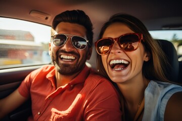 Happy couple enjoying road trip together, AI Generative