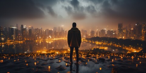 Wall Mural - a man standing on top of a hill overlooking a city at night. generative ai image.